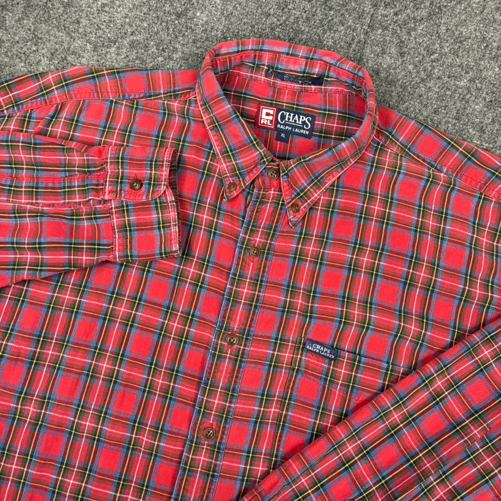 Vintage Ralph Lauren Chaps Men XL Red Plaid Button Down Shirt Long Sleeve Pocket